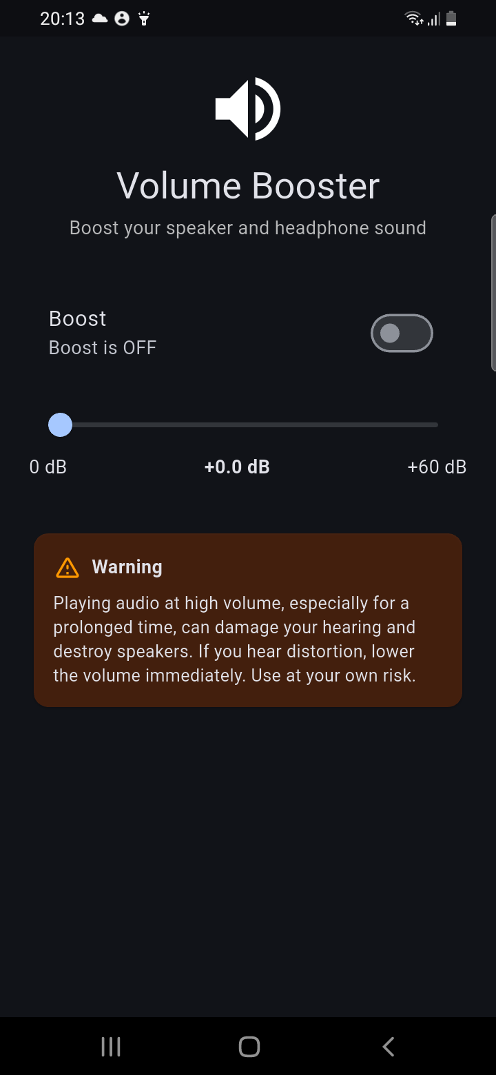 Volume Booster home screen with boost off